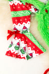 Christmas character printed bell sleeve top and suspender. OFG51095 JEAN