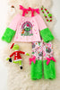 Christmas character 2 piece set on pink with green fur. OFG51178 SOL
