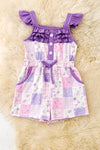 Purple ruffle detail & floral block printed girls romper w/pockets. PNG60333 JEAN