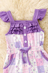 Purple ruffle detail & floral block printed girls romper w/pockets. PNG60333 JEAN