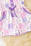 Purple ruffle detail & floral block printed girls romper w/pockets. PNG60333 JEAN