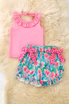 Pink ruffle top & tropical printed shorts.  OFG62057 SOL