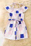 Royal blue Ditsy floral romper w/lace hem.  PNG60332 AMY
