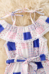 Royal blue Ditsy floral romper w/lace hem.  PNG60332 AMY