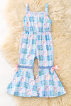 Blue coquette bow multi-printed patch jumpsuit. PNG60330 AMY