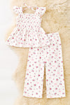 Smocked Ditsy floral printed on white two piece set. OFG62055 JEAN