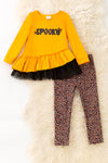 Mustard Spooky applique ruffle top & animal printed leggings. OFG61730 SOL