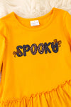Mustard Spooky applique ruffle top & animal printed leggings. OFG61730 SOL