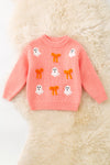 Ghost applique and orange embroidered bow on Coral knitted sweater. TPG60457 JEAN