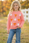 Ghost applique and orange embroidered bow on Coral knitted sweater. TPG60457 JEAN