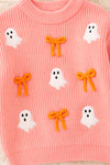 Ghost applique and orange embroidered bow on Coral knitted sweater. TPG60457 JEAN