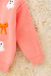Ghost applique and orange embroidered bow on Coral knitted sweater. TPG60457 JEAN