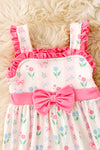 Blue & Pink tulip print w/pink bow belt detail attached & ruffle hem. RPG63457 JEAN