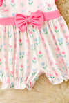 Blue & Pink tulip print w/pink bow belt detail attached & ruffle hem. RPG63457 JEAN