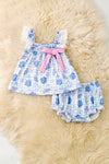 Blue sea shell, gingham printed baby two piece set. RPG63461 SOL