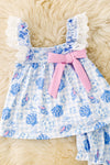 Blue sea shell, gingham printed baby two piece set. RPG63461 SOL