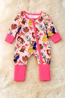  Cartoon character printed on pink baby onesie with fold over sleeves and footie. RPG55586 SOL
