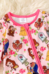 Cartoon character printed on pink baby onesie with fold over sleeves and footie. RPG55586 SOL