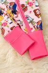 Cartoon character printed on pink baby onesie with fold over sleeves and footie. RPG55586 SOL