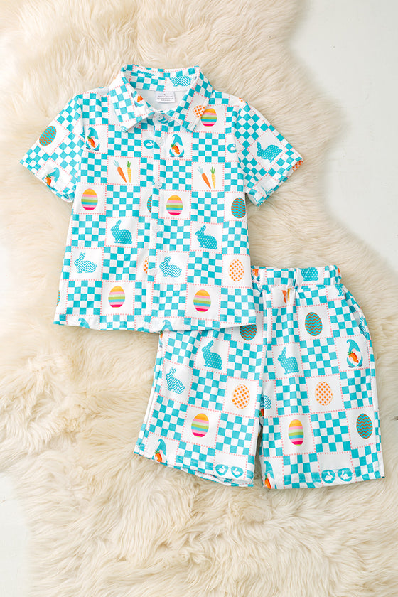 Easter checker printed boys 2 piece set. OFB50846 jean