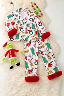  Christmas characters-cartoon printed on white pajamas set with red faux fur. PJG50425