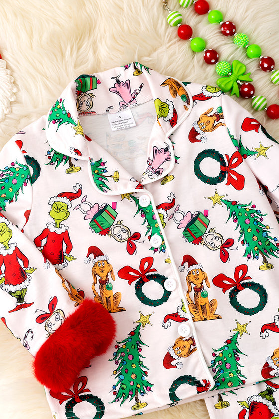 Christmas characters-cartoon printed on white pajamas set with red faux fur. PJG50425