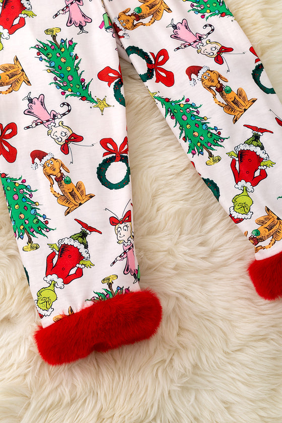 Christmas characters-cartoon printed on white pajamas set with red faux fur. PJG50425