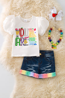  "You are kind, brave" white top w/ bubble sleeves and denim shorts. OFG50736