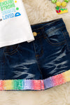"You are kind, brave" white top w/ bubble sleeves and denim shorts. OFG50736