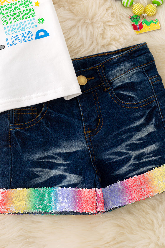 "You are kind, brave" white top w/ bubble sleeves and denim shorts. OFG50736
