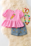 PINK CHECKERED TOP W/ PENCIL APPLICANT AND MATCHING DENIM SHORTS. OFG50735