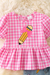 PINK CHECKERED TOP W/ PENCIL APPLICANT AND MATCHING DENIM SHORTS. OFG50735