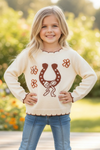 Horse shoe on cream knot pullover sweater w/moon stitch. TPG60491 SOL