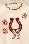 Horse shoe on cream knot pullover sweater w/moon stitch. TPG60491 SOL