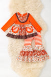 Stripe, floral multi-printed block in orange tone 2 piece set. OFG61979 AMY