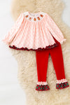 Smock pink plaid tunic with embroidered ginger cookie and red pants. OFG61530 MON