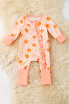 Pumpkin printed on pink baby romper with ruffle trim. RPG62349 SOL