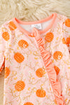 Pumpkin printed on pink baby romper with ruffle trim. RPG62349 SOL