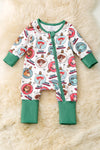 Christmas Ornament printed baby onesie with fold over sleeves and footie. RPG55587 JEAN