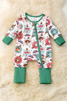  Christmas Ornament printed baby onesie with fold over sleeves and footie. RPG55587 JEAN