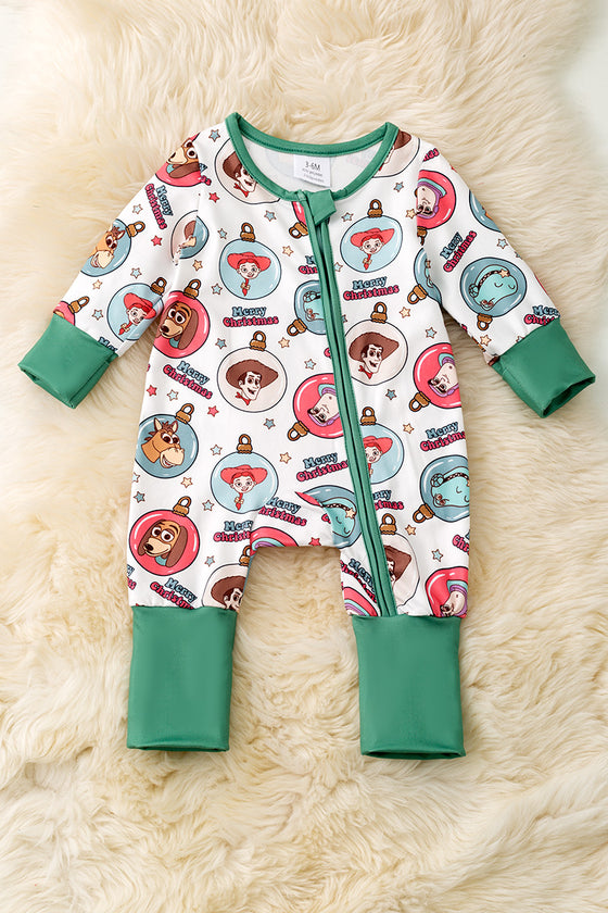 Christmas Ornament printed baby onesie with fold over sleeves and footie. RPG55587 JEAN