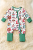 Christmas Ornament printed baby onesie with fold over sleeves and footie. RPG55587 JEAN