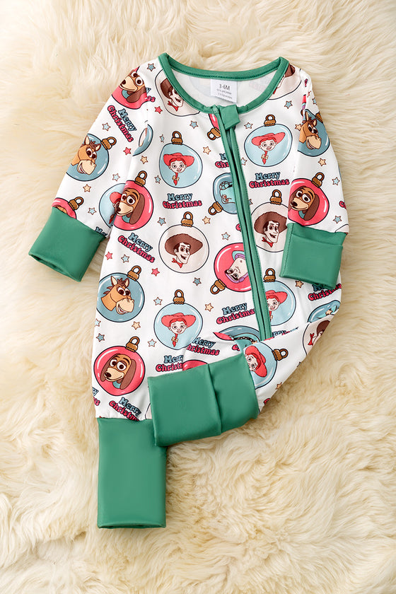 Christmas Ornament printed baby onesie with fold over sleeves and footie. RPG55587 JEAN