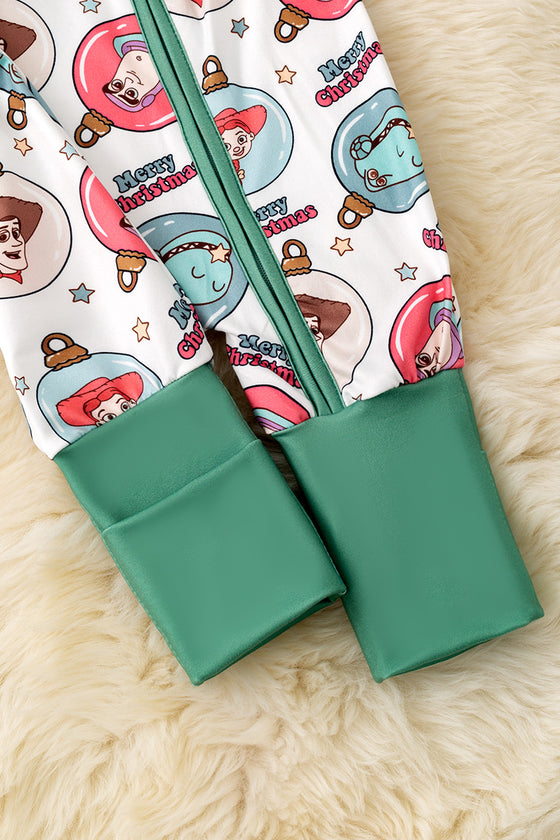 Christmas Ornament printed baby onesie with fold over sleeves and footie. RPG55587 JEAN