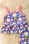 Multi printed floral tank top with ruffle hem and matching pants. OFG60191 AMY