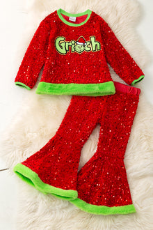  Christmas character application on sequins top and bell bottoms. OFG42793 JEAN