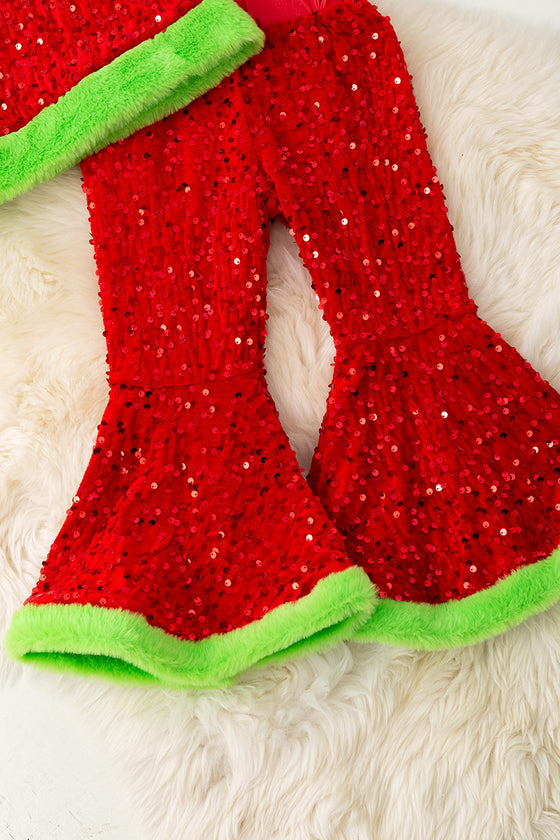 Christmas character application on sequins top and bell bottoms. OFG42793 JEAN