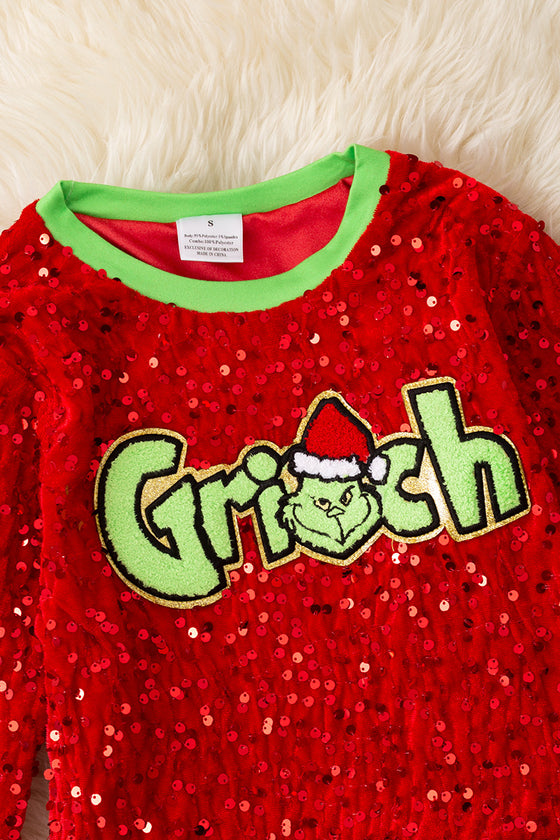 Christmas character application on sequins top and bell bottoms. OFG42793 JEAN