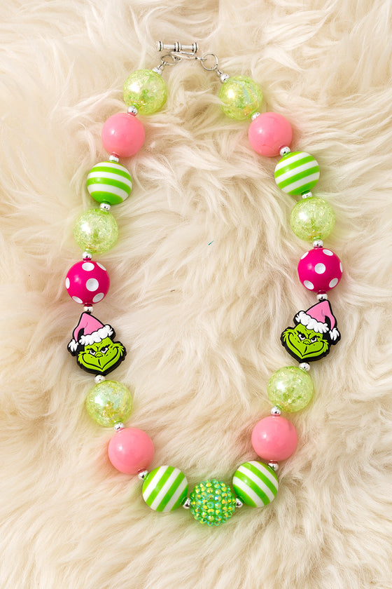 Multi-printed Pink tone- Christmas bubble necklace with pendant. 3PCS/$15.00 ACG52603 S