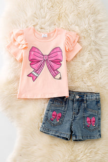  Back to school coquette bubble sleeve top and denim shorts. OFG50721